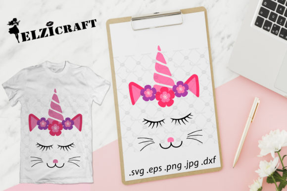 Caticorn Face, Unicorn Face, Flowers: A Graphic Design Asset for Crafts and Branding